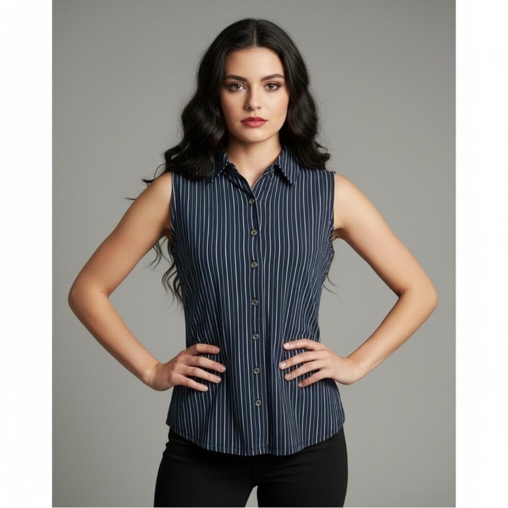 Tommy Hilfiger Women’s Navy Blue White Stripe Sleeveless Collar Button Down Tank